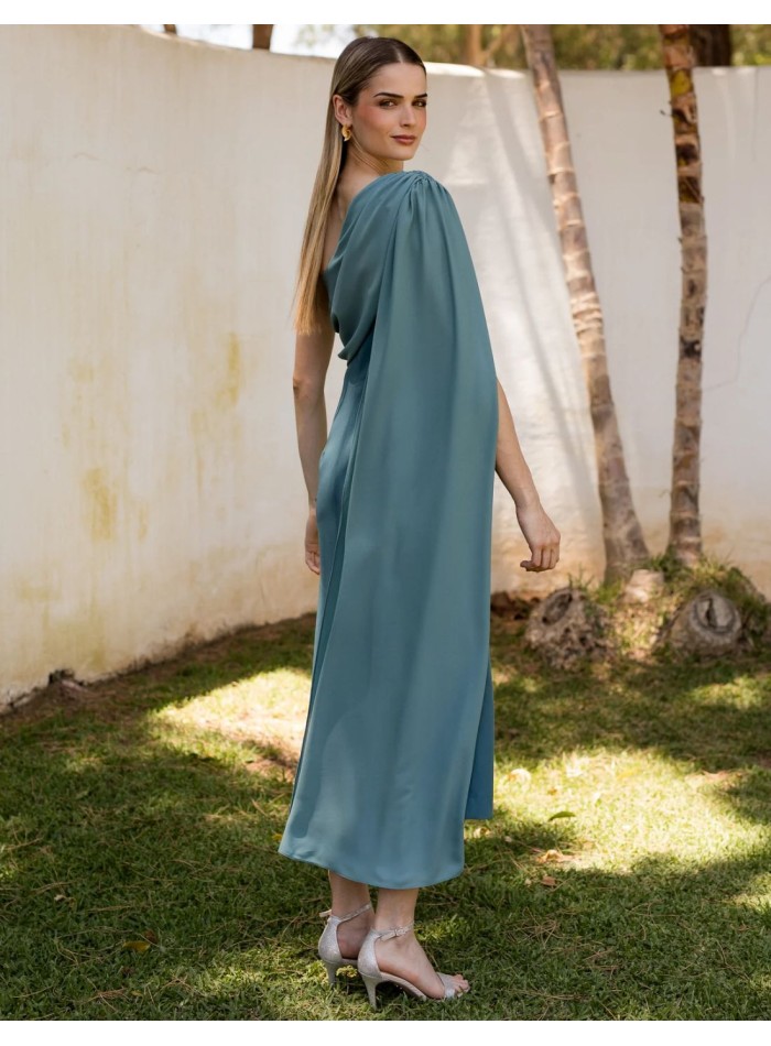 Greenish blue crepe midi guest dress with...