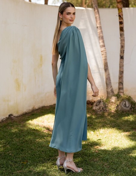 Greenish blue crepe midi guest dress with asymmetrical cape
