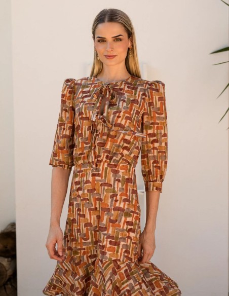 Geometric print midi guest dress with three-quarter sleeves