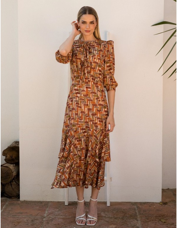 Robe d'invité midi à imprimé géométrique avec manches...