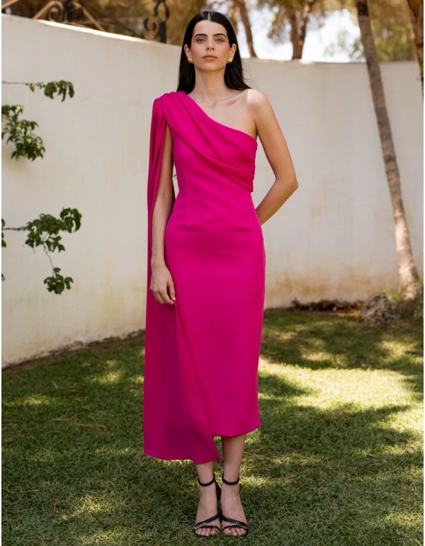 Fuchsia crepe midi guest dress with asymmetrical cape