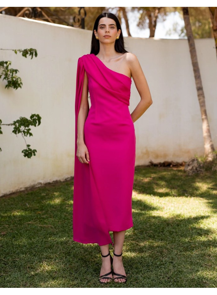 Fuchsia crepe midi guest dress with...