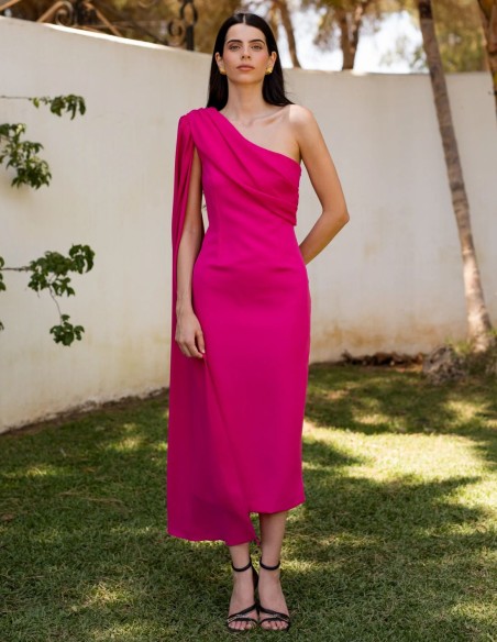 Fuchsia crepe midi guest dress with asymmetrical cape