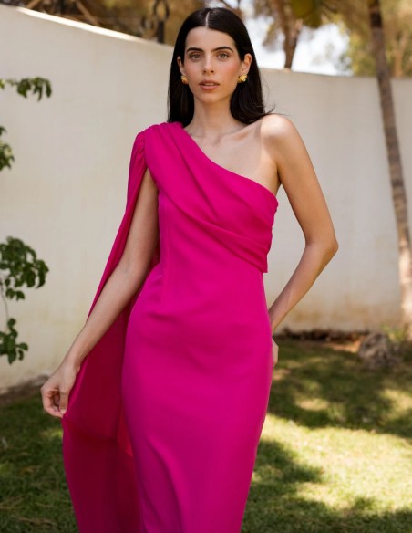 Fuchsia crepe midi guest dress with asymmetrical cape