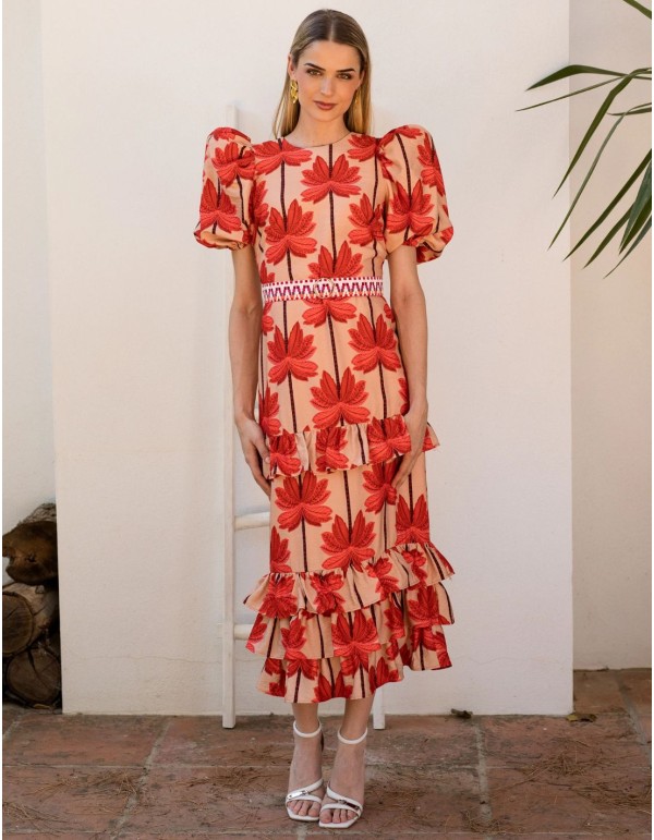 Robe midi en lin avec imprimé palmier