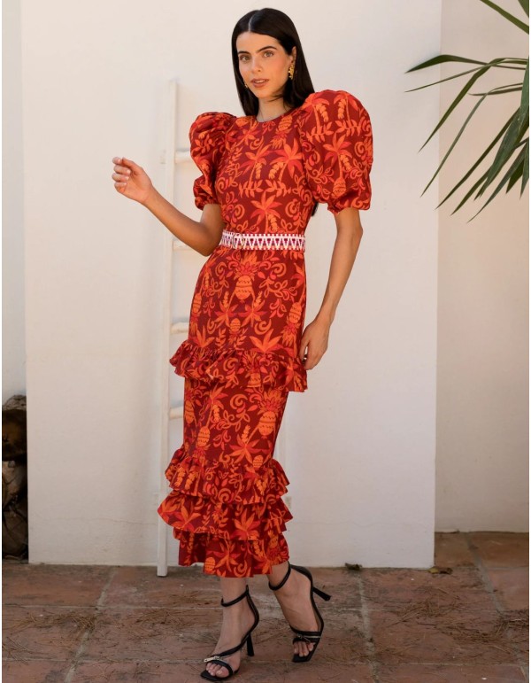 Robe midi à volants en lin imprimé