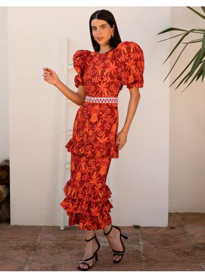 Midi dress with ruffles made of printed linen