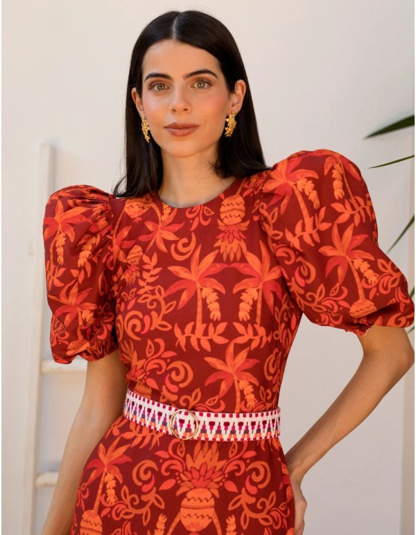 Vestido midi de volantes confeccionado en lino estampado 2