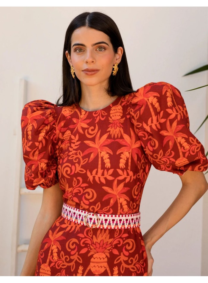 Robe midi à volants en lin imprimé