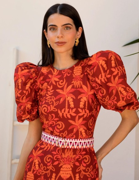 Robe midi à volants en lin imprimé