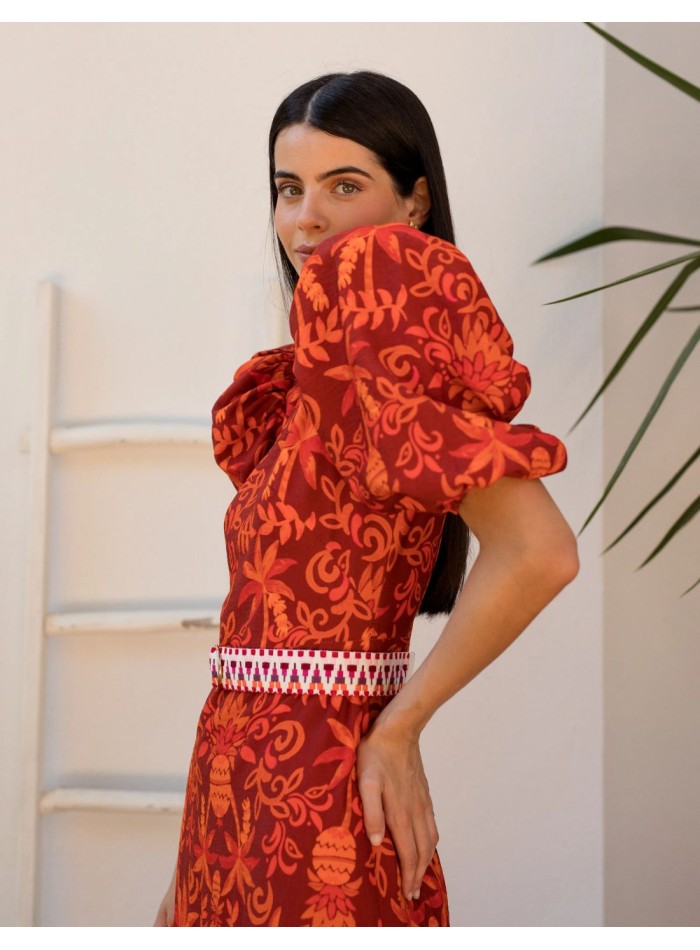 Robe midi à volants en lin imprimé