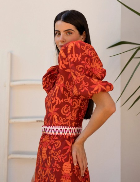 Robe midi à volants en lin imprimé