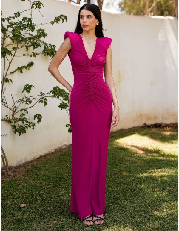 Vestido de invitada largo buganvilla con fruncido y espalda descubierta