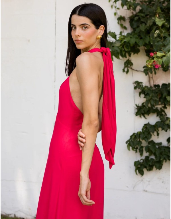 Long strawberry colored guest dress with crossed halter... 2