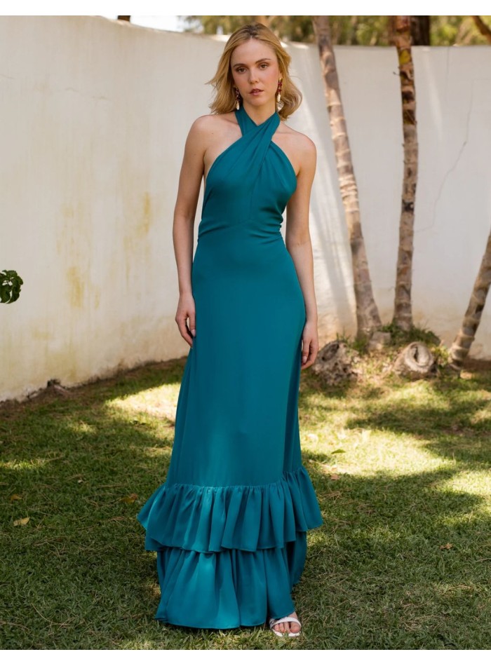 Robe d'invité longue verte avec encolure dos nu...