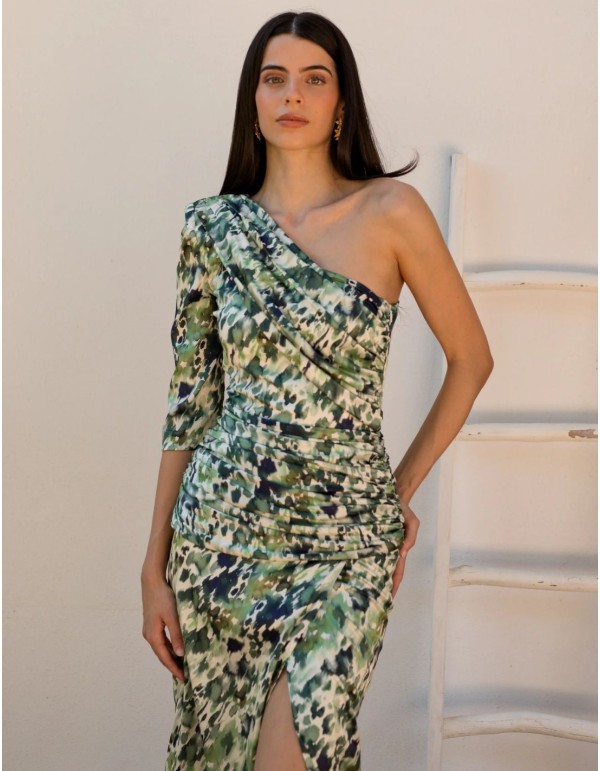 Asymmetrical neckline and print satin midi guest dress 2