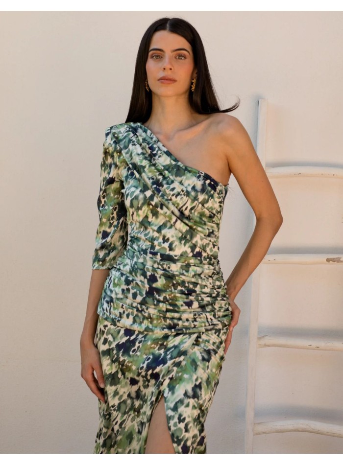 Asymmetrical neckline and print satin midi...