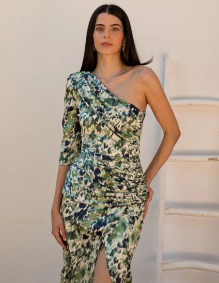 Asymmetrical neckline and print satin midi guest dress