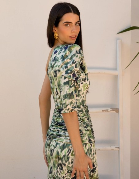 Asymmetrical neckline and print satin midi guest dress