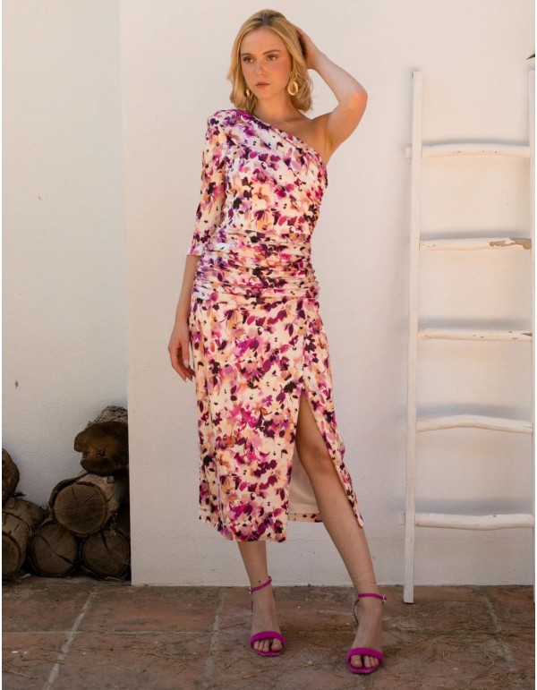 Vestido de invitada midi en satén con estampado de flores y escote asimétrico