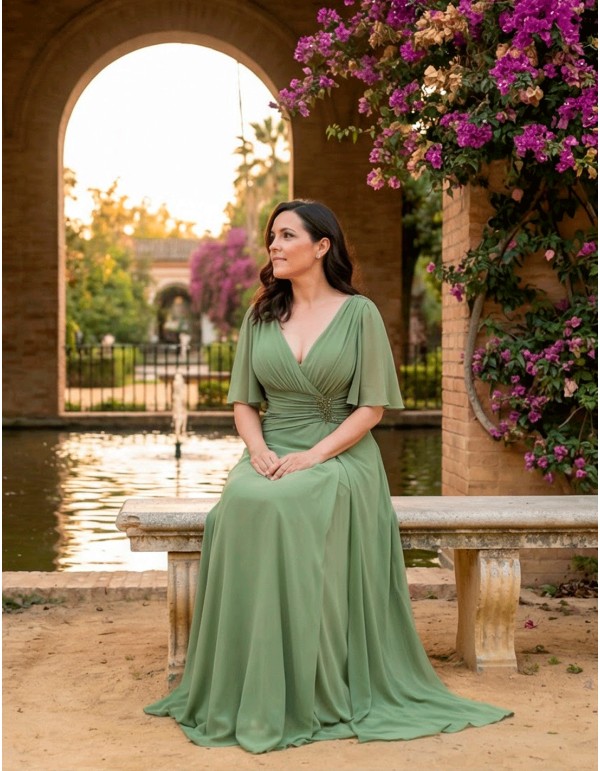 Robe longue drapée et ornée de strass, vert pastel, taille plus 2