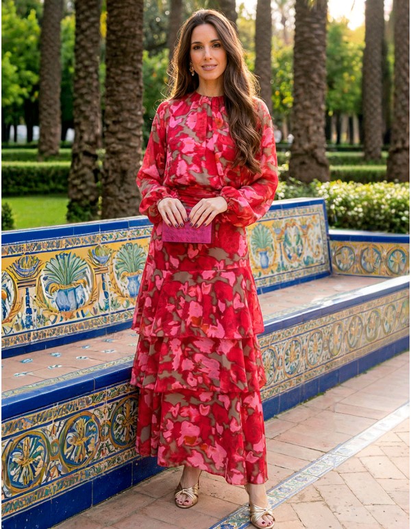 Ensemble imprimé jupe midi et chemisier à volants fuchsia et rouge