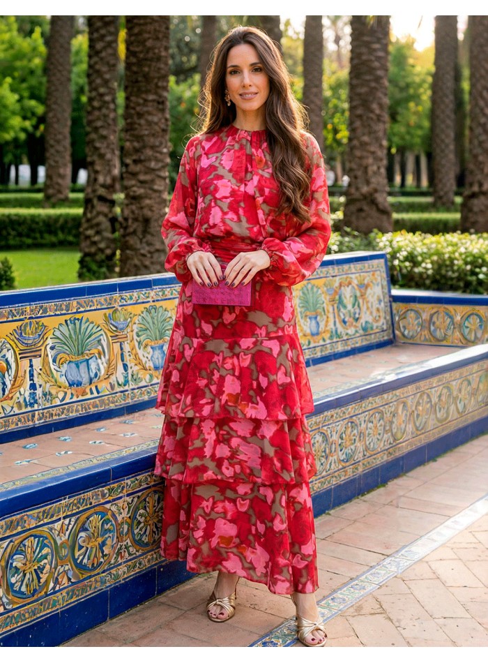 Ensemble imprimé jupe midi et chemisier à volants fuchsia et rouge