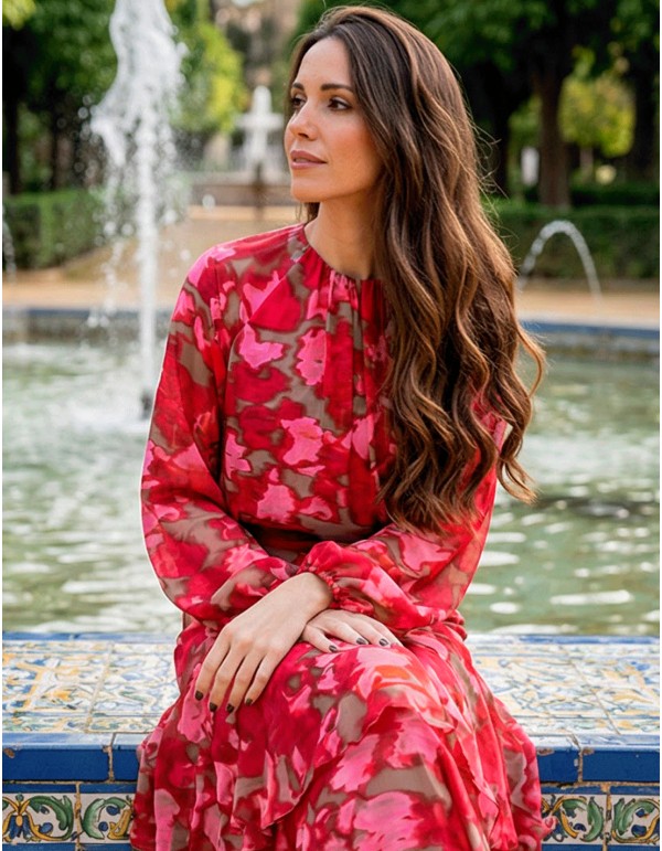 Fuchsia and Red Ruffled Midi Skirt and Blouse Printed Set 2