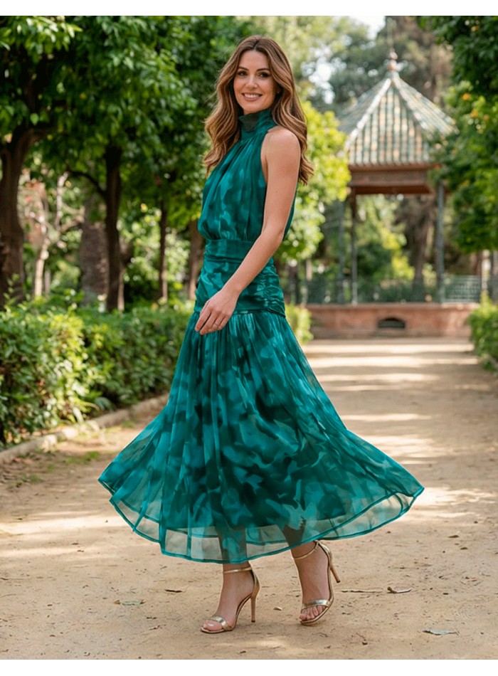 Vestido Halter Estampado Verde y Azul con Cintura Fruncida