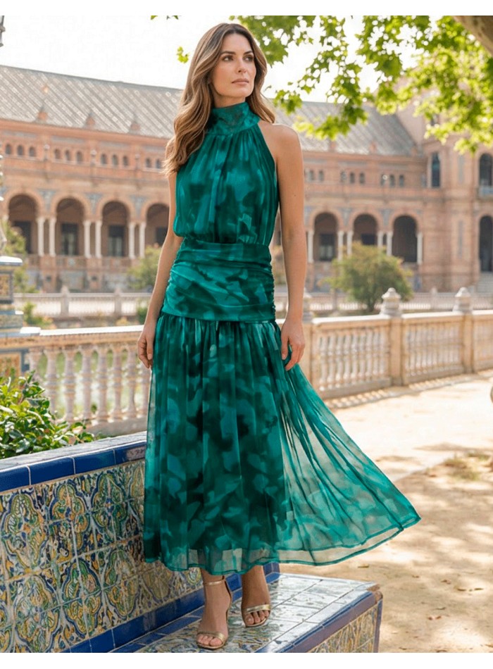Robe dos nu imprimée verte invitee