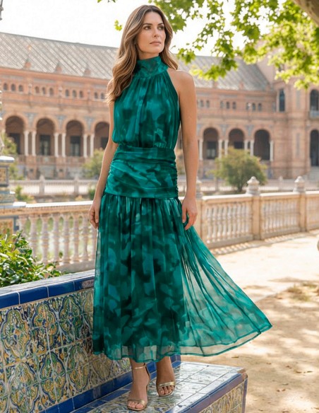 Robe dos nu imprimée verte invitee