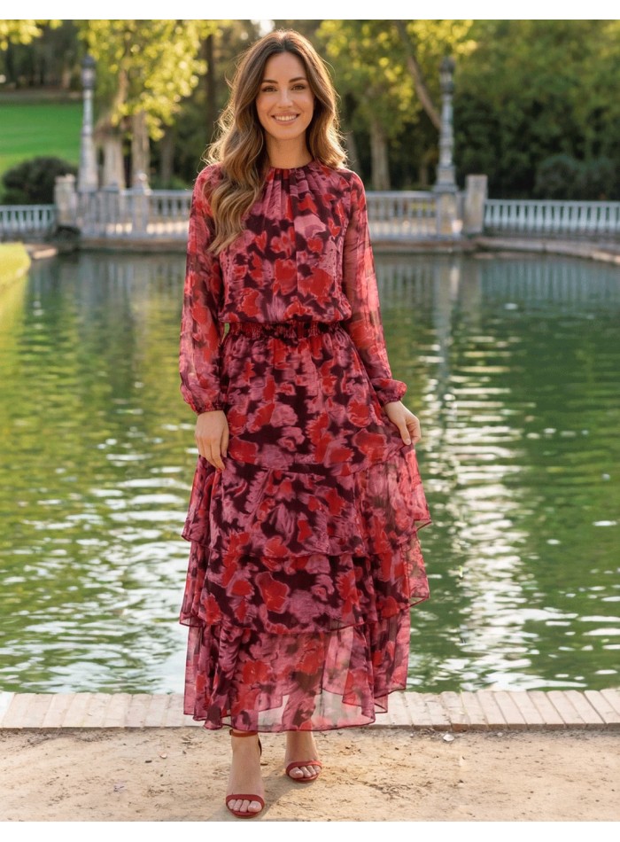 Conjunto Estampado de Falda Midi con Volantes en Tonos Rojos y Morados