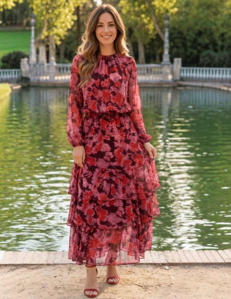 Conjunto Estampado de Falda Midi con Volantes en Tonos Rojos y Morados