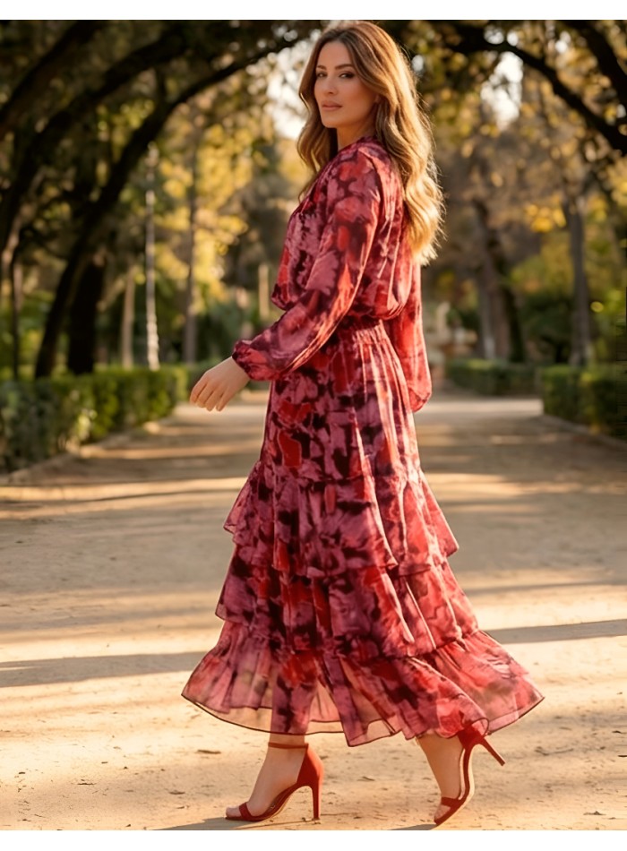 Printed Midi Skirt Set with Ruffles in Shades of Red and Purple