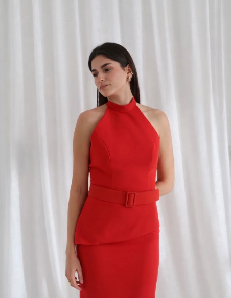 Red two-piece crepe guest ensemble in red