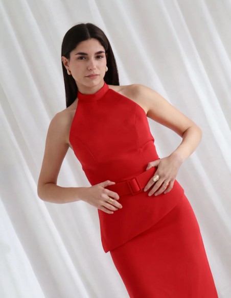 Red two-piece crepe guest ensemble in red