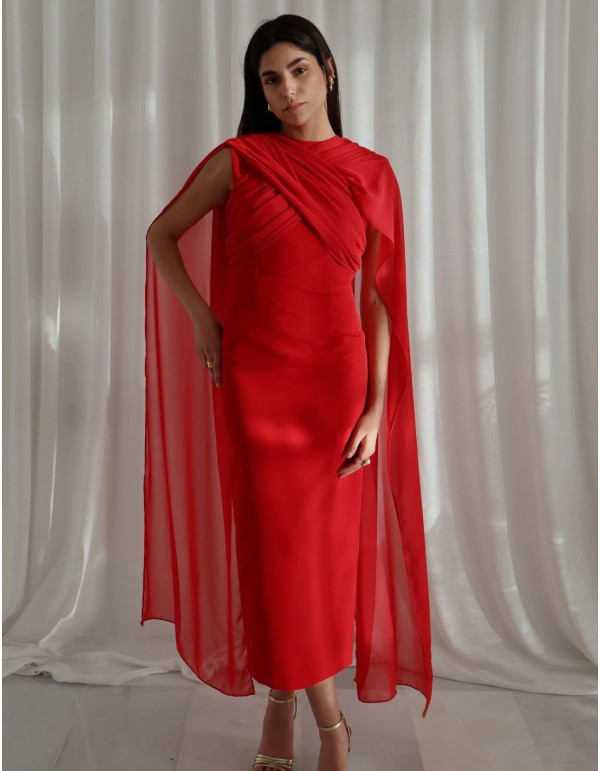 Robe midi rouge en crêpe et mousseline de soie croisée...