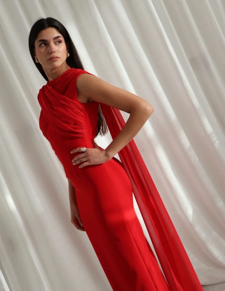 Red midi dress for guest in crepe and crossed chiffon detail