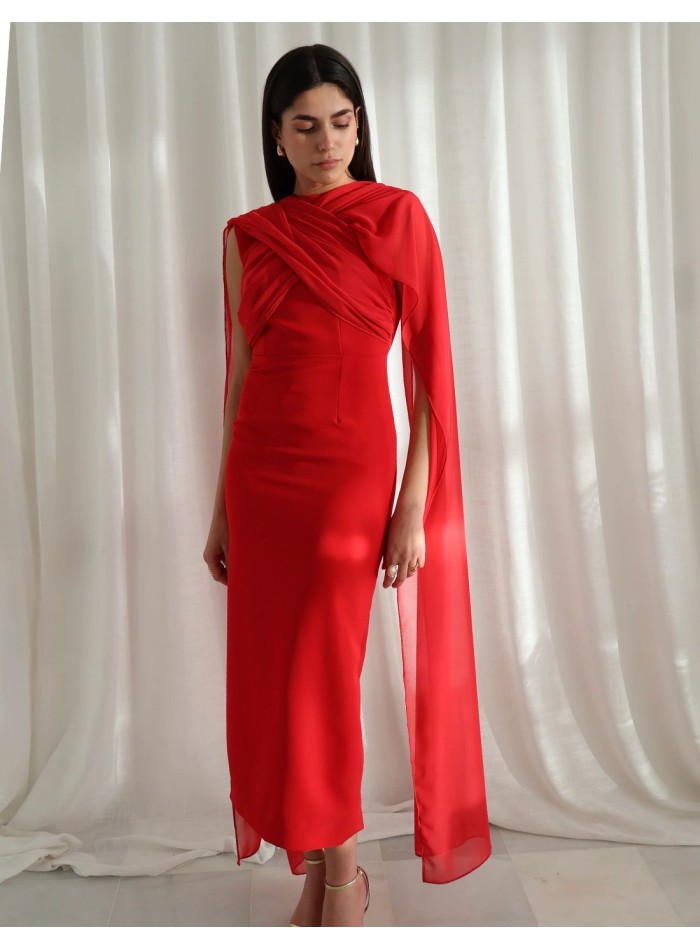 Red midi dress for guest in crepe and crossed...