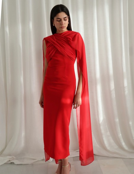 Red midi dress for guest in crepe and crossed chiffon detail