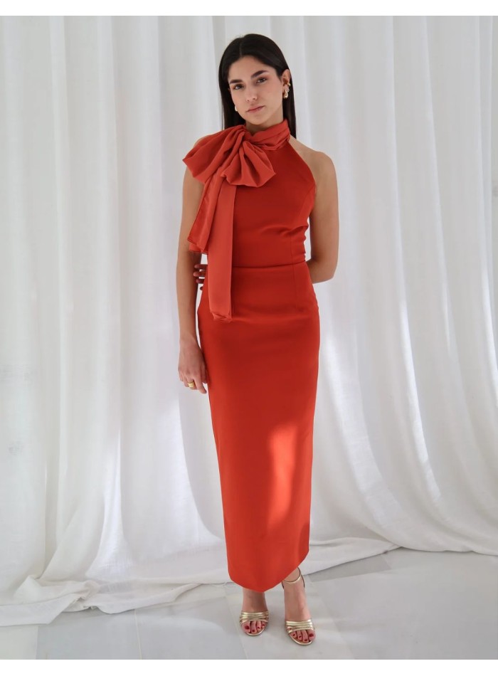 Crepe crepe midi guest dress with halter...