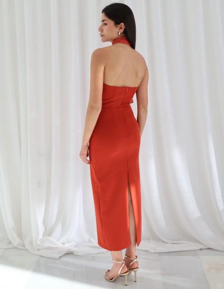 Robe d'invité midi en crêpe avec encolure licou et détails de nœuds