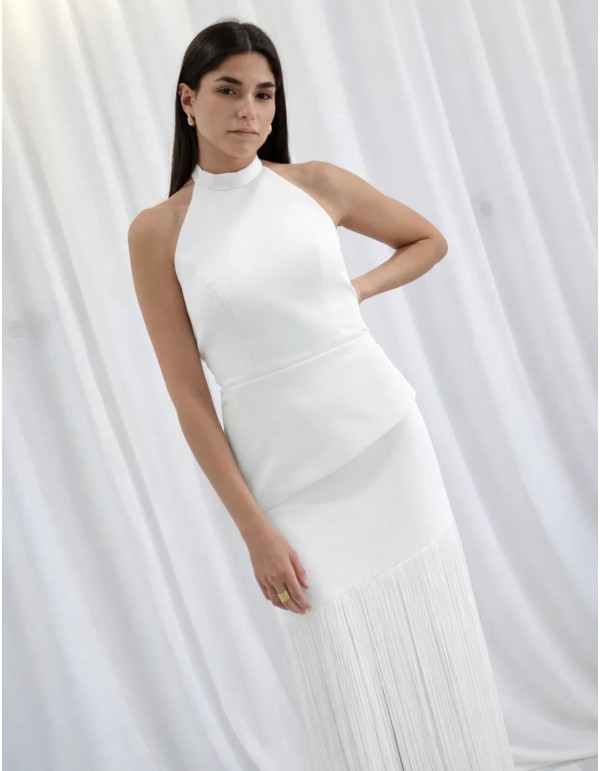 Two-piece white top and skirt set with fringed details