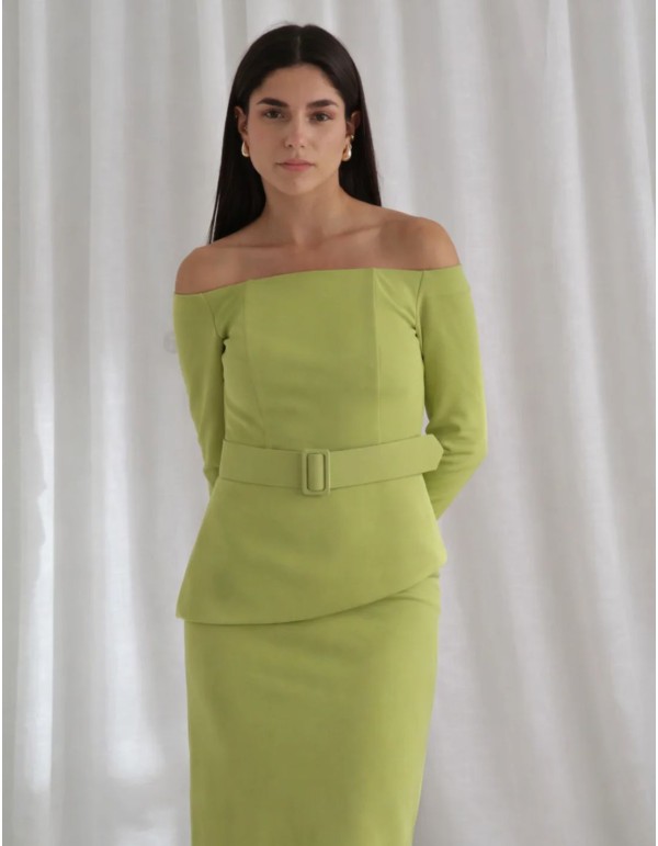 Two-piece set with bardot neckline top and pistachio midi...