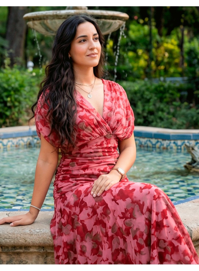 Vestido Midi Estampado Rojo con Cintura Drapeada