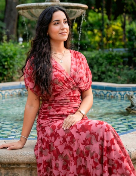 Draped Waist Red Printed Midi Dress