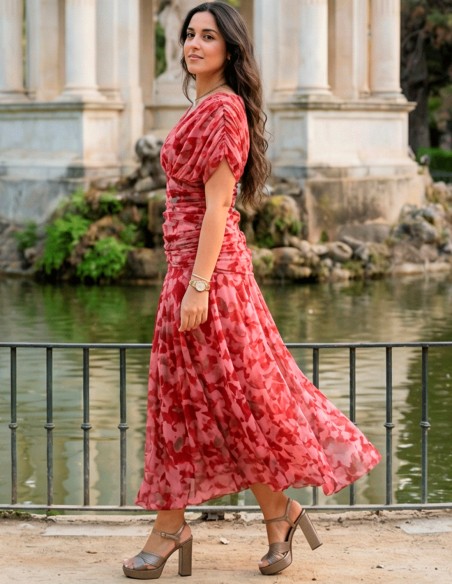 Draped Waist Red Printed Midi Dress