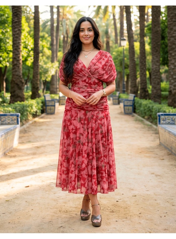 Vestido Midi Estampado Rojo con Cintura Drapeada