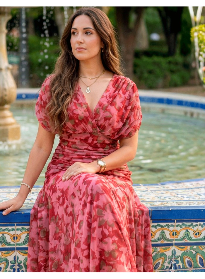 Robe midi imprimée rouge avec ceinture drapée