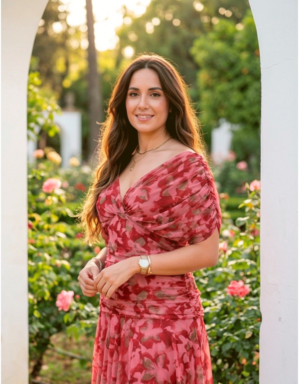 Draped Waist Red Printed Midi Dress 2